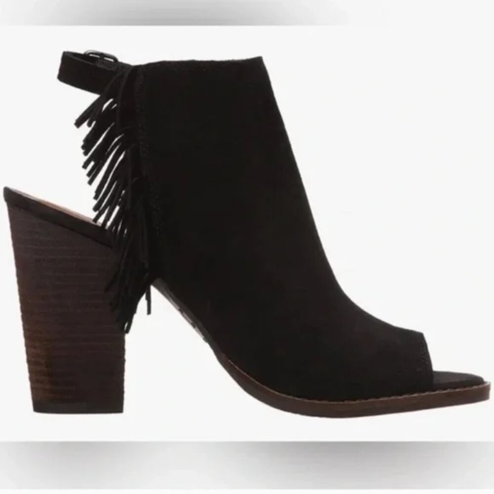 Black Lucky Brand Suede Fringe Boho Open Toe Block Heels